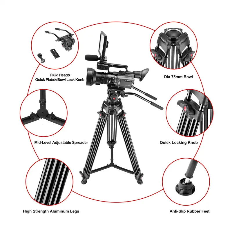 70.9 Inch Video Tripod with 75mm Bowl Fluid Head Kit