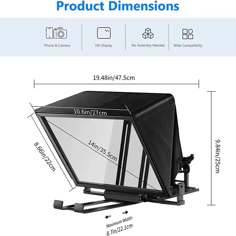 MagicLine 14″ Foldable Aluminum Alloy Teleprompter Beam Splitter 70/30 Glass